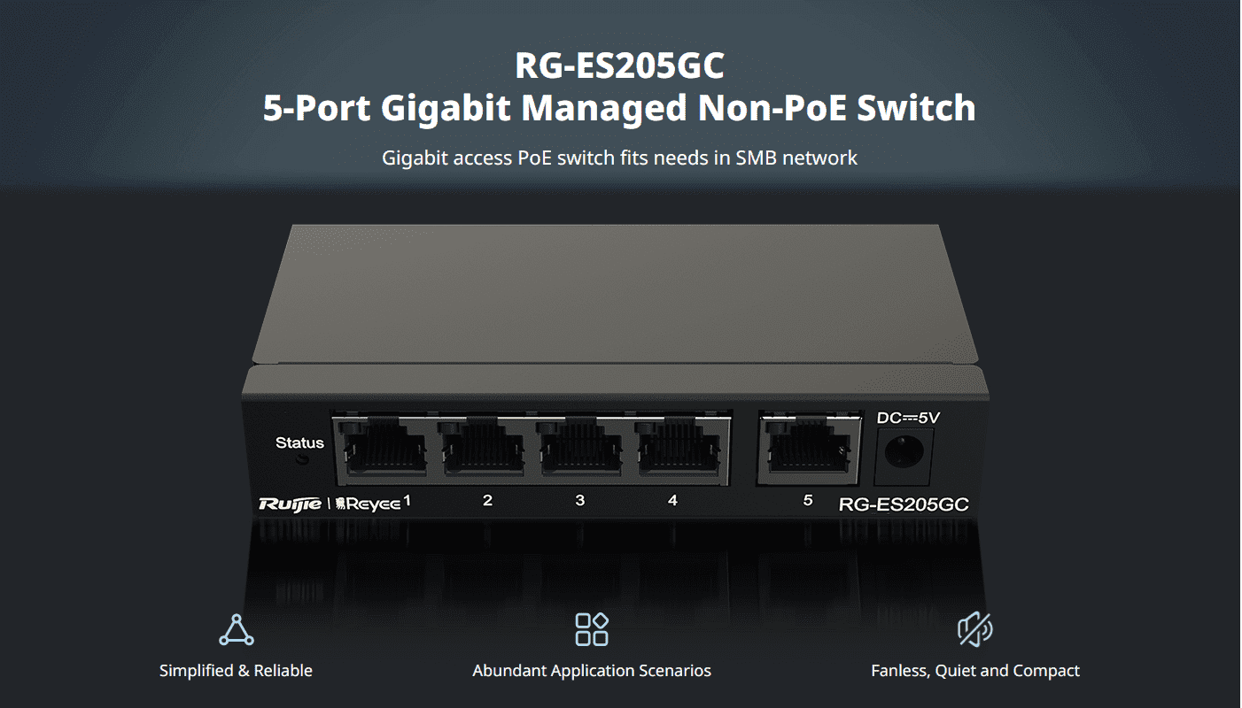 RG-ES205GC, 5-Port Gigabit Smart Cloud Managed Non-PoE Switch