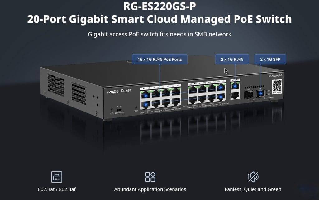 RG-ES220GS-P, 20-Port Gigabit, Smart Cloud Managed PoE Switch