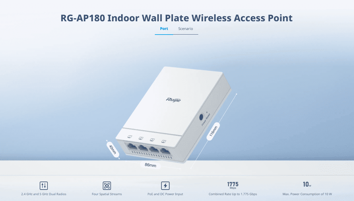 RG-AP180, Wi-Fi 6 Dual Radio 1.775 Gbps Indoor Wall Plate Wireless AP